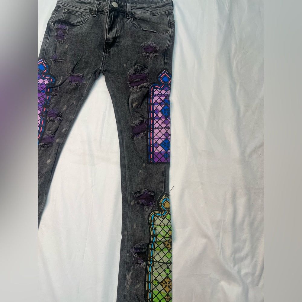 Temple Stack Jeans - Black Wash with Vibrant Patterns