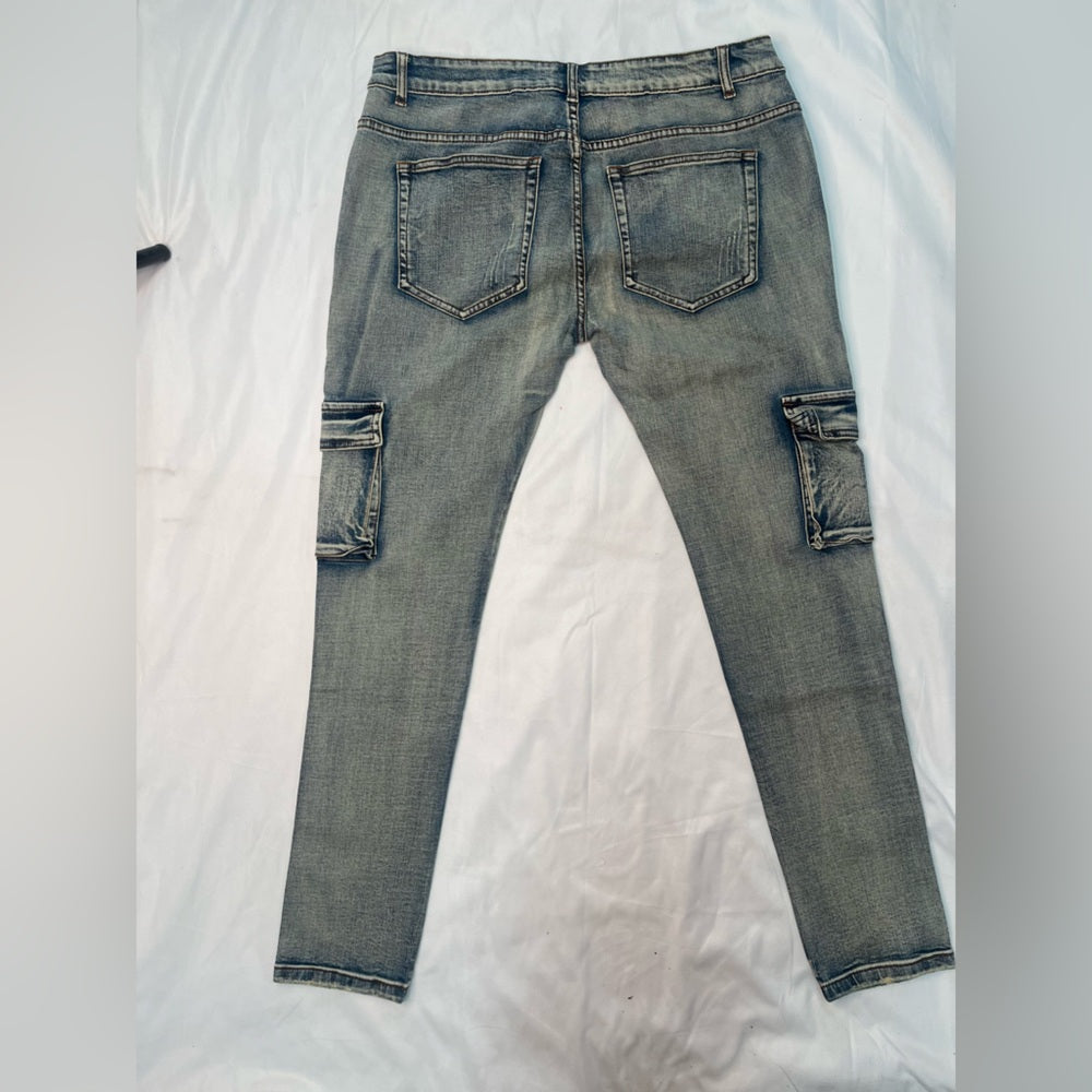 602 Denim Light Wash Distressed Cargo Jeans