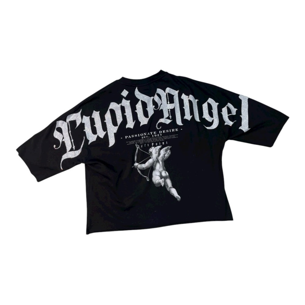 Black Graphic Tee with White Cross and Angel Design