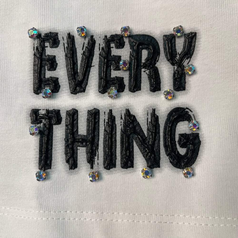White T-Shirt with Black Embellished 'EVERYTHING' Text