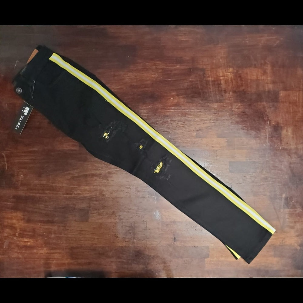 Sz Various black denim jeans yellow stripe