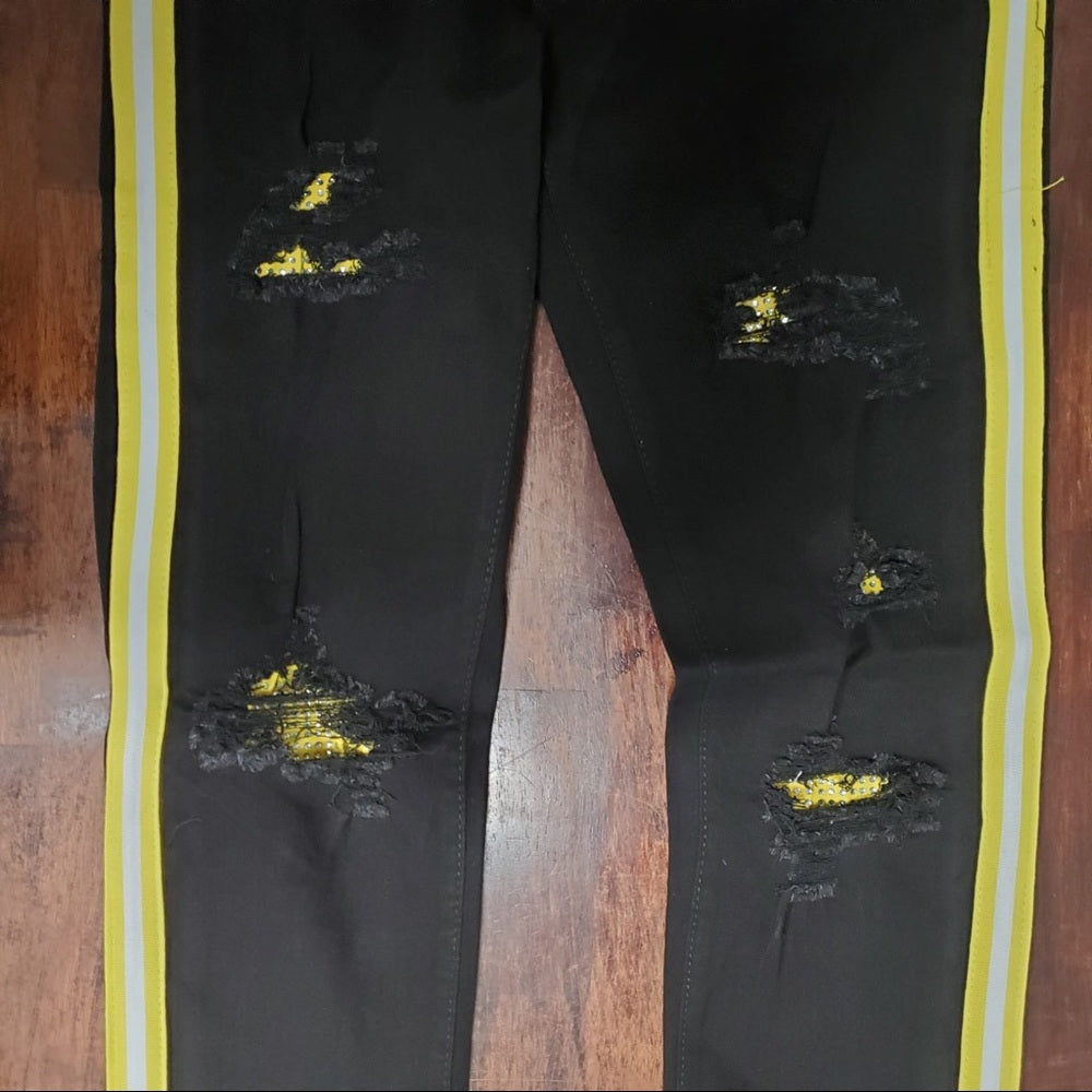 Sz Various black denim jeans yellow stripe