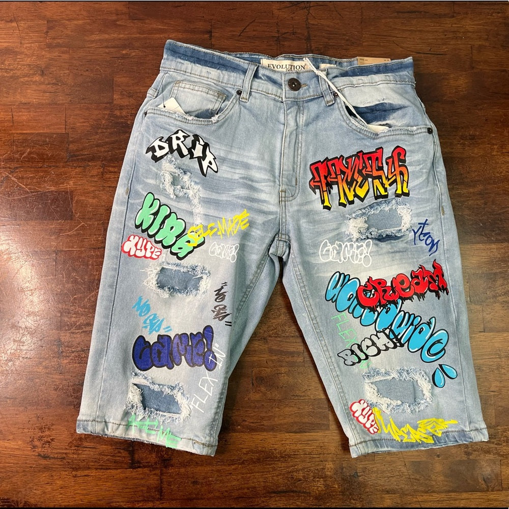 Evolution graphic jean shorts Sz Various