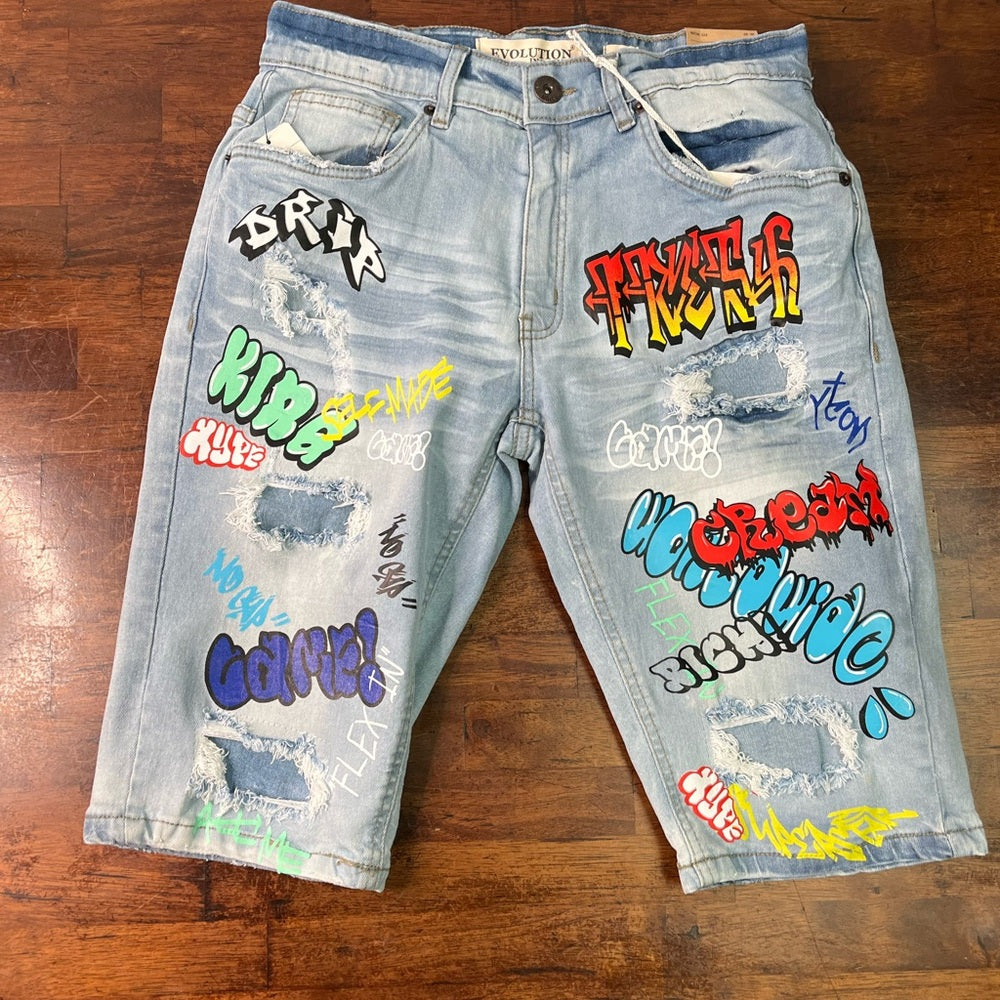 Evolution graphic jean shorts Sz Various