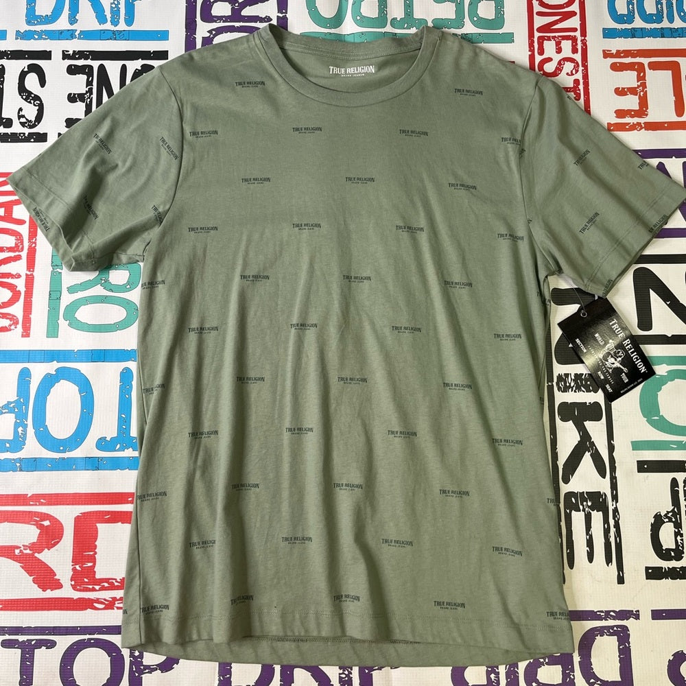 Sz Large try religion all over logo tee green