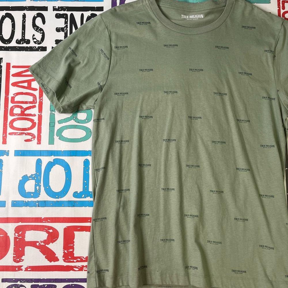 Sz Large try religion all over logo tee green
