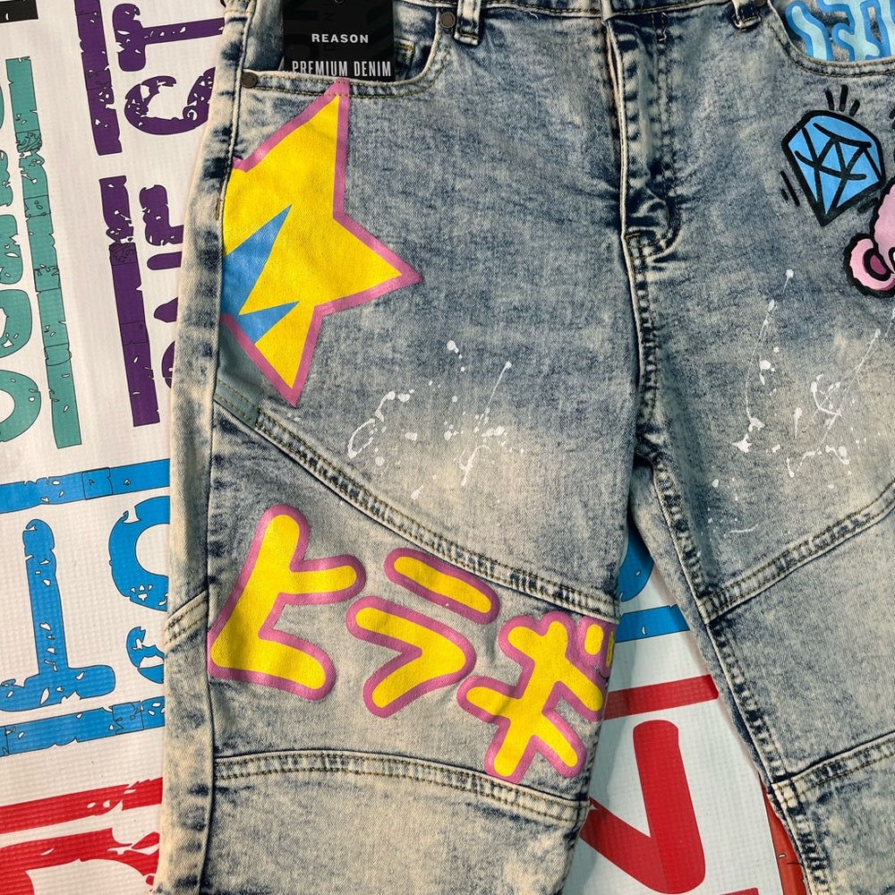 Sz 34 reasons brand graphic denim shorts