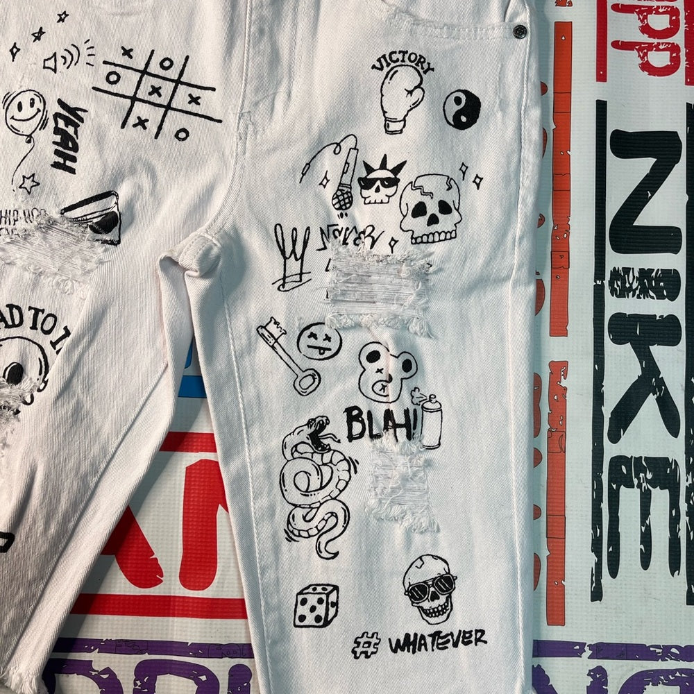 Sz Various white graphic denim shorts