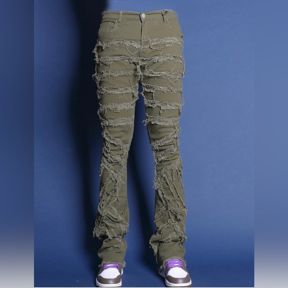 Sz Various green denim distressed stacks jean