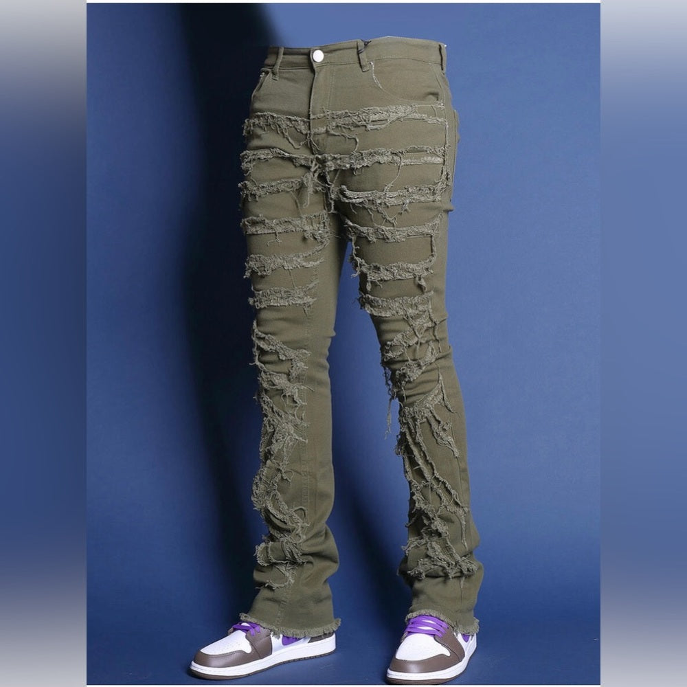 Sz Various green denim distressed stacks jean