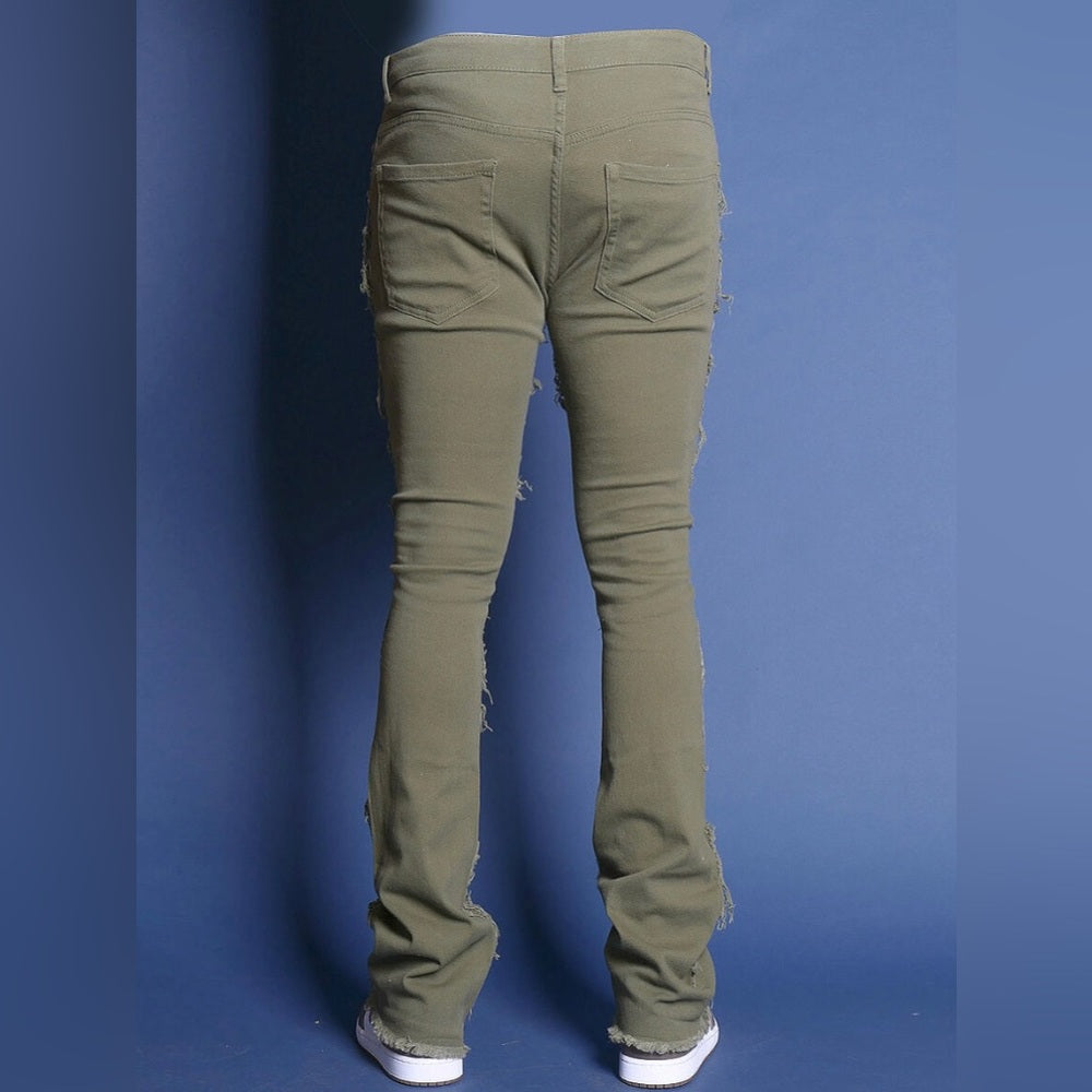 Sz Various green denim distressed stacks jean