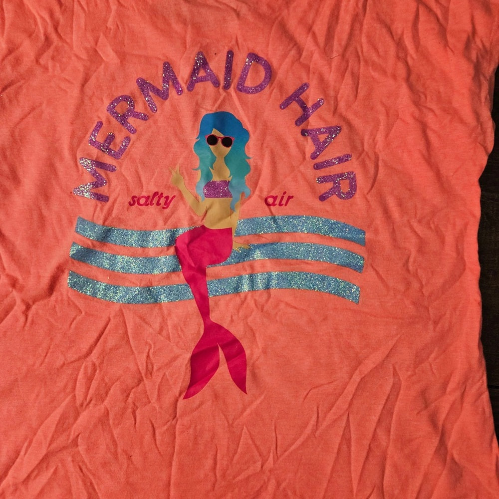 Girls Coral Orange Glitter Mermaid Hair Salty Air T-Shirt Tee Shirt Top sz xl
