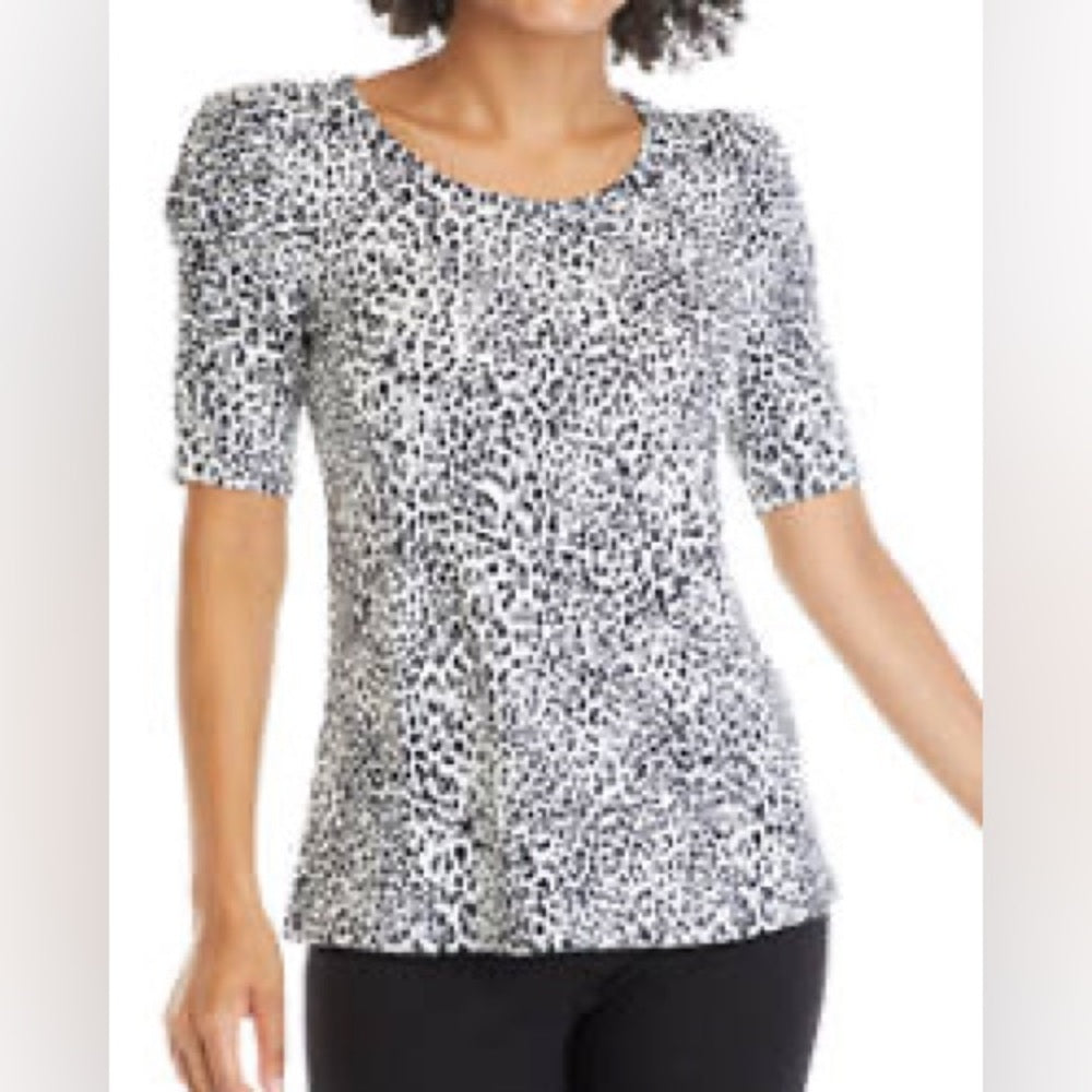 Women's Ruched Sleeve Iced Leopard Print Top sz M