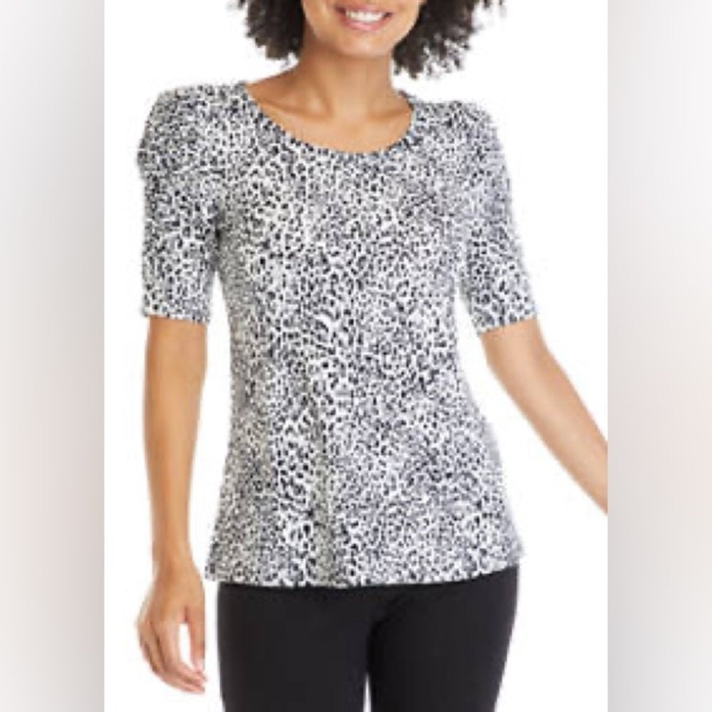 Women's Ruched Sleeve Iced Leopard Print Top sz M