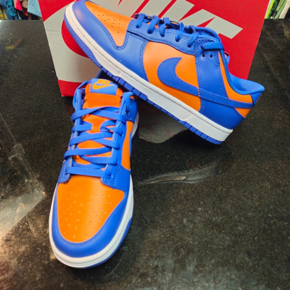 Sz 9.5 Nike Dunk Low Retro sneakers in blue and orange