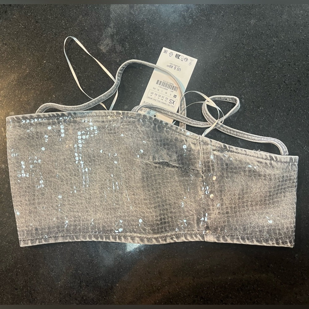 ZARA TRF SEQUINNED FOIL DENIM CROP TOP | ZARA CROP TOP sz X small
