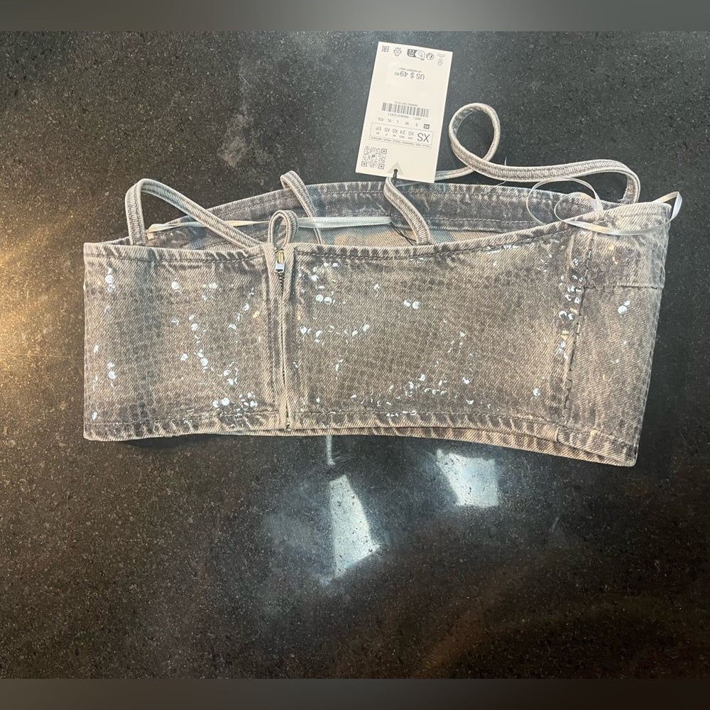 ZARA TRF SEQUINNED FOIL DENIM CROP TOP | ZARA CROP TOP sz X small