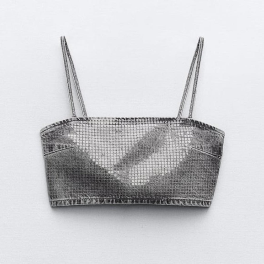 ZARA TRF SEQUINNED FOIL DENIM CROP TOP | ZARA CROP TOP sz X small