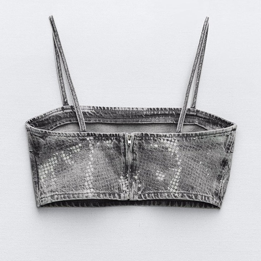 ZARA TRF SEQUINNED FOIL DENIM CROP TOP | ZARA CROP TOP sz X small