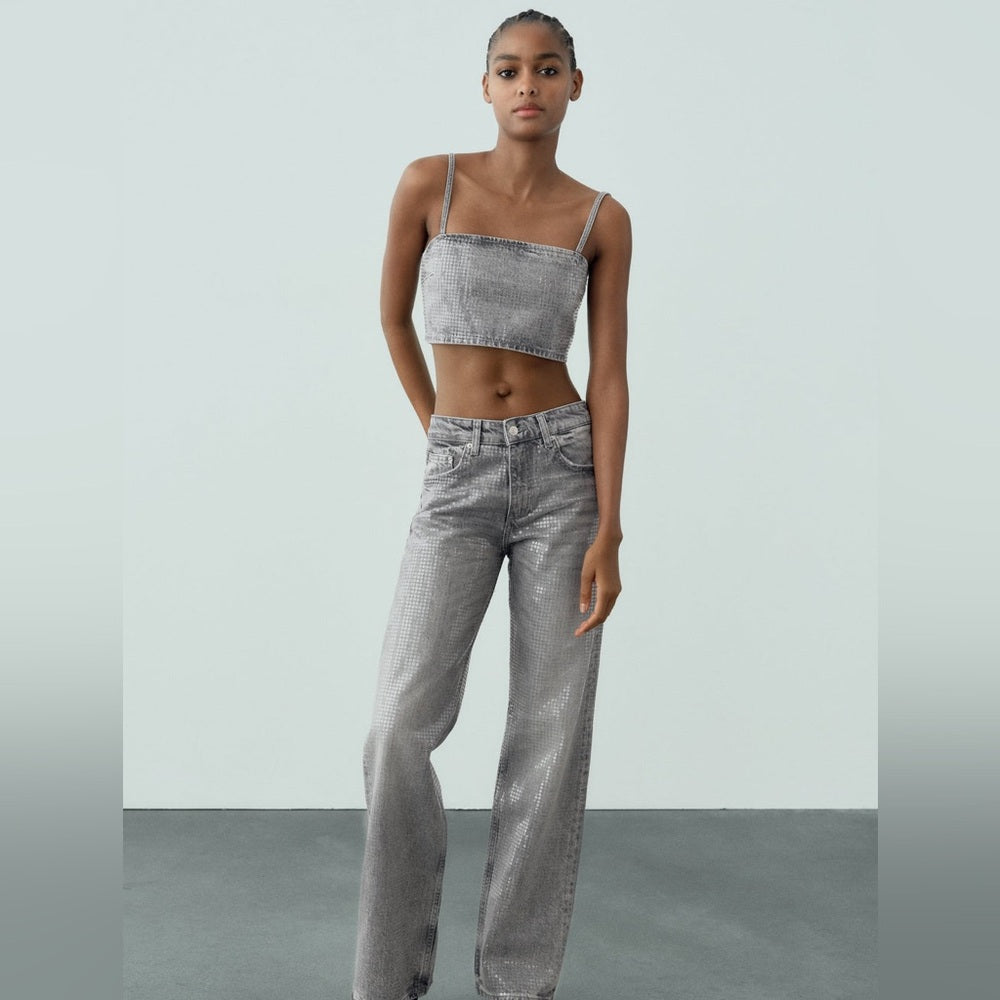 ZARA TRF SEQUINNED FOIL DENIM CROP TOP | ZARA CROP TOP sz X small