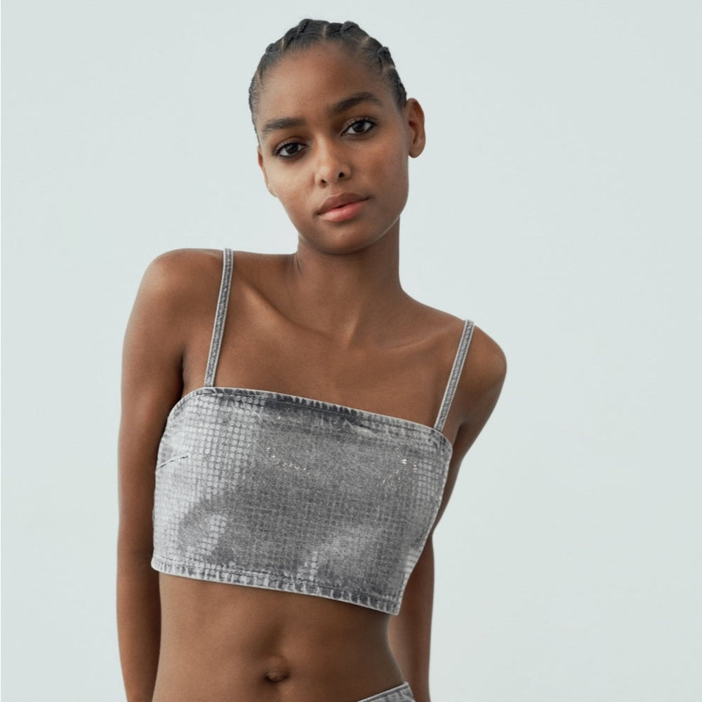 ZARA TRF SEQUINNED FOIL DENIM CROP TOP | ZARA CROP TOP sz X small