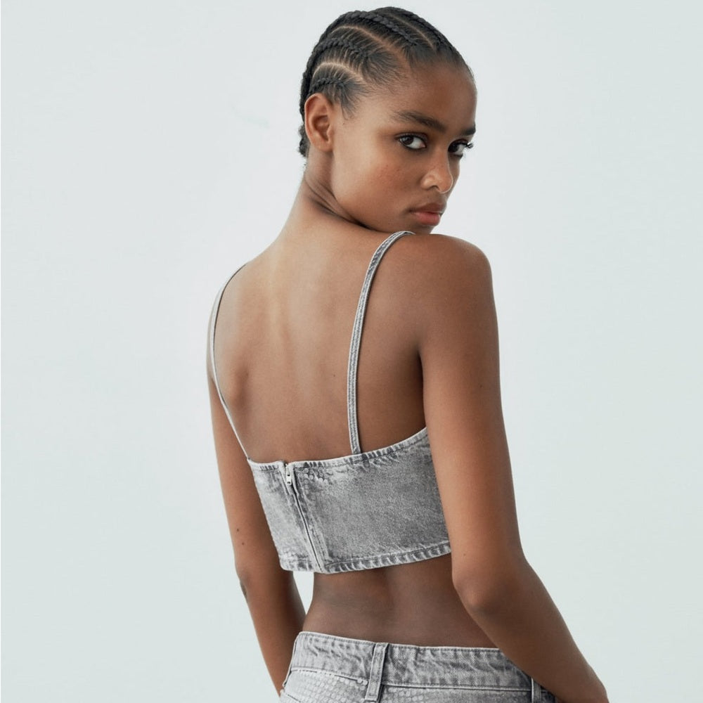 ZARA TRF SEQUINNED FOIL DENIM CROP TOP | ZARA CROP TOP sz X small