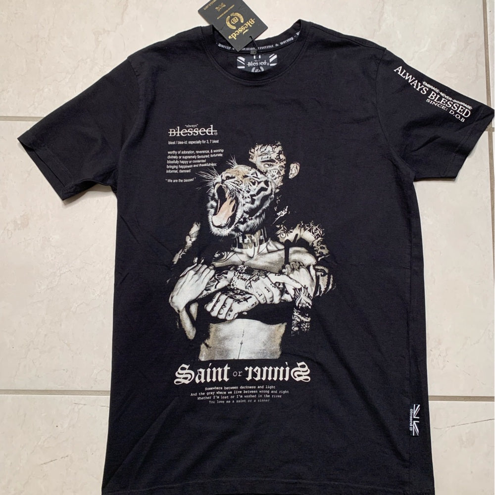 Black Short Sleeve Tee with Gothic Graphic Design blessed brand