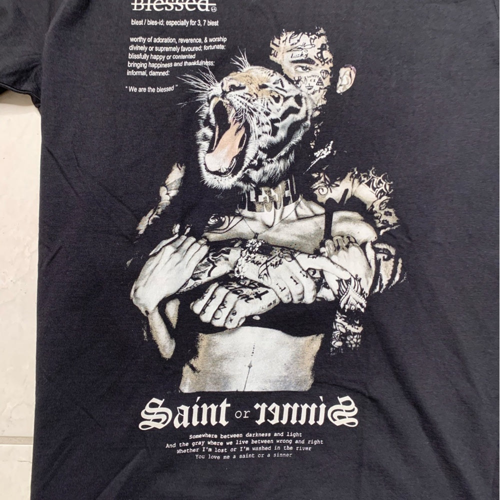 Black Short Sleeve Tee with Gothic Graphic Design blessed brand