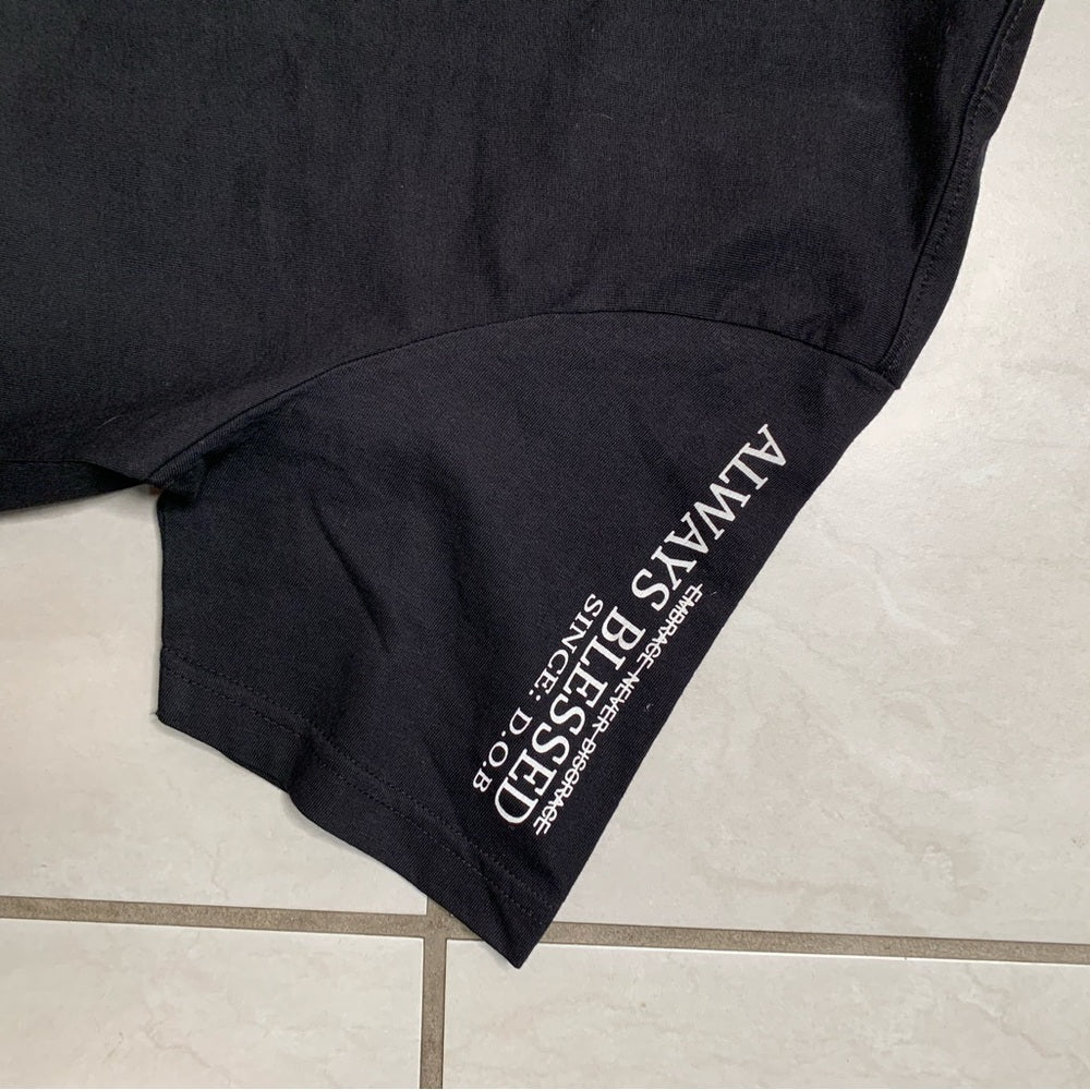 Black Short Sleeve Tee with Gothic Graphic Design blessed brand