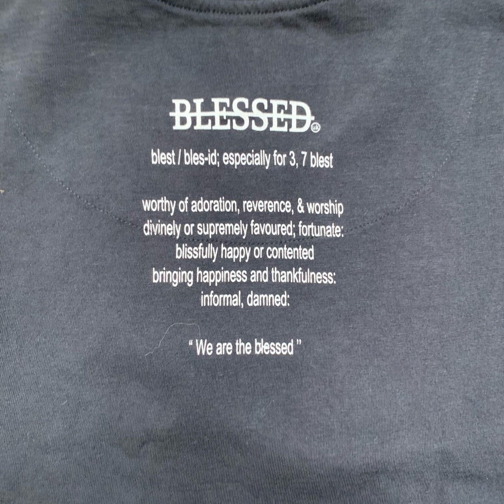 Black Short Sleeve Tee with Gothic Graphic Design blessed brand