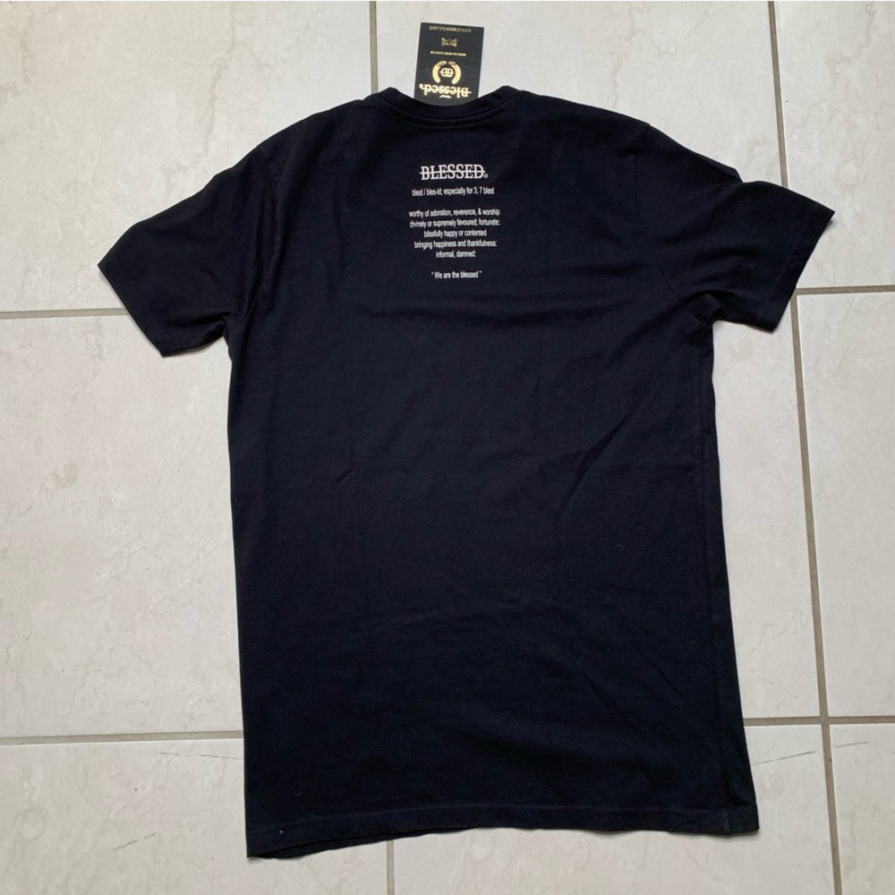 Black Short Sleeve Tee with Gothic Graphic Design blessed brand