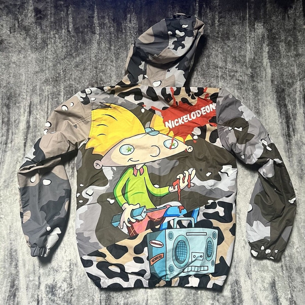 MEMBERS ONLY X Nickelodeon “Hey Arnold” large Camo Hooded Jacket Windbreaker Zip