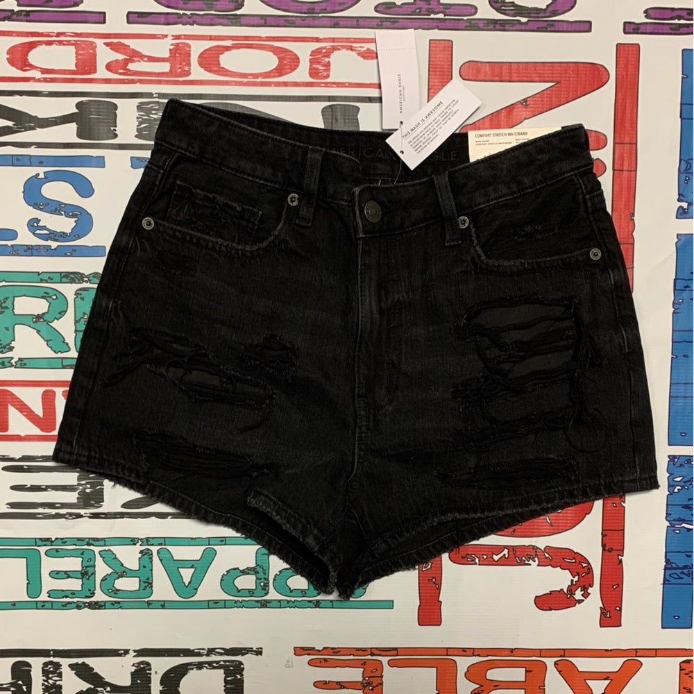 Black Distressed Denim Shorts AE Stretch Denim Mom Short
