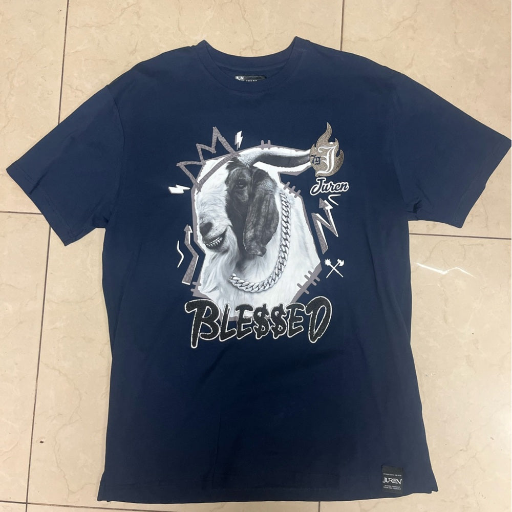 JUREN BLE$$ED GOAT TEE NAVY Sz various