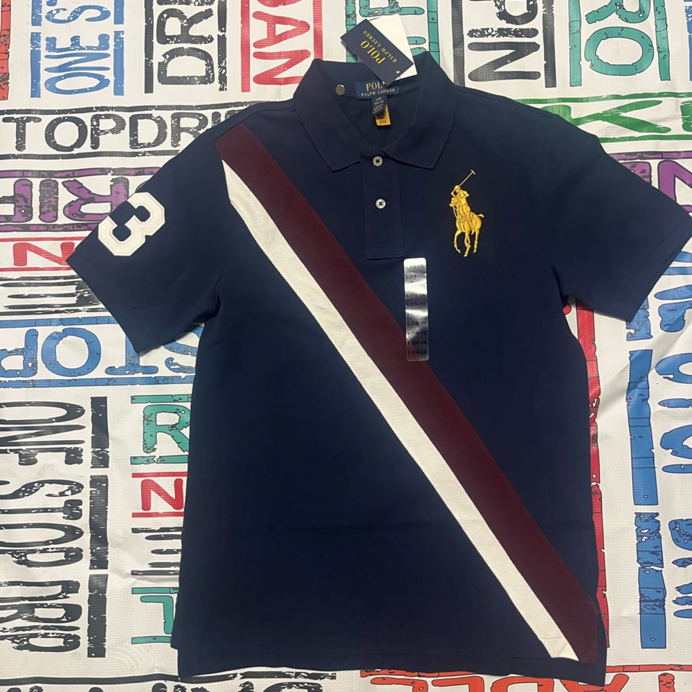 Polo Ralph Lauren Big Pony Banner Striped #3 Mesh Navy Red Size 14 big kids