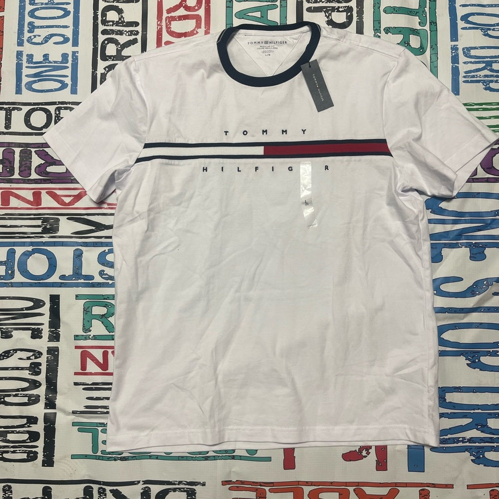 Tommy Hilfiger White Short Sleeve Tee with Navy and Red Stripe Design