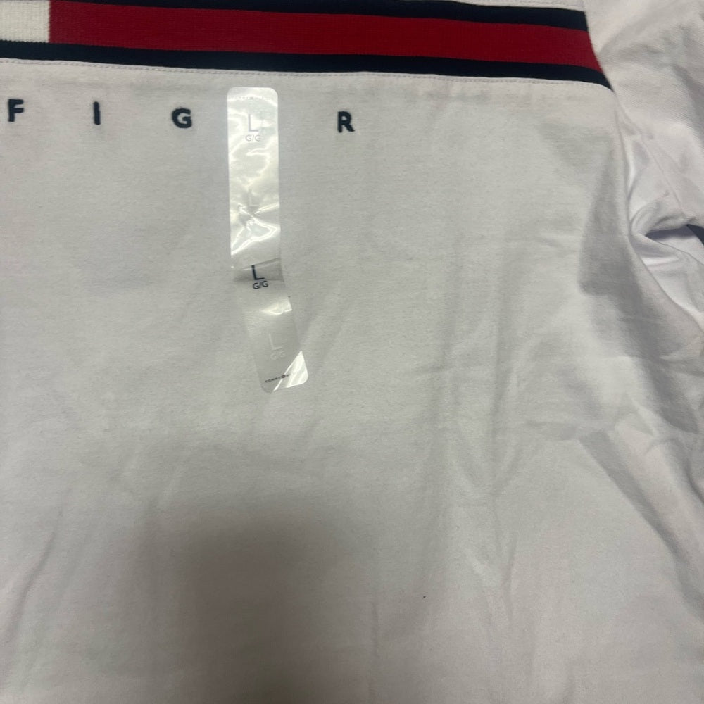 Tommy Hilfiger White Short Sleeve Tee with Navy and Red Stripe Design