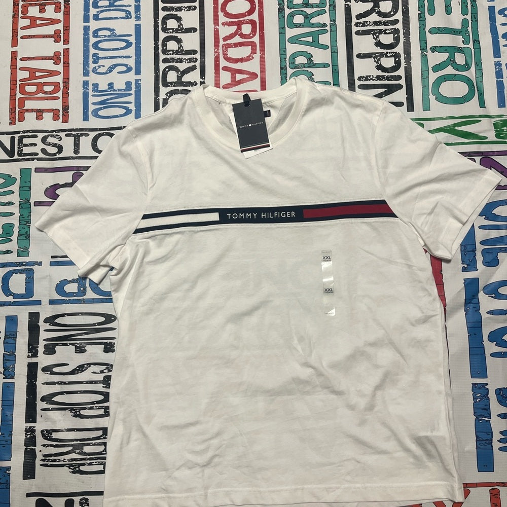 Tommy Hilfiger White Short Sleeve Tee with Navy and Red Stripe Design