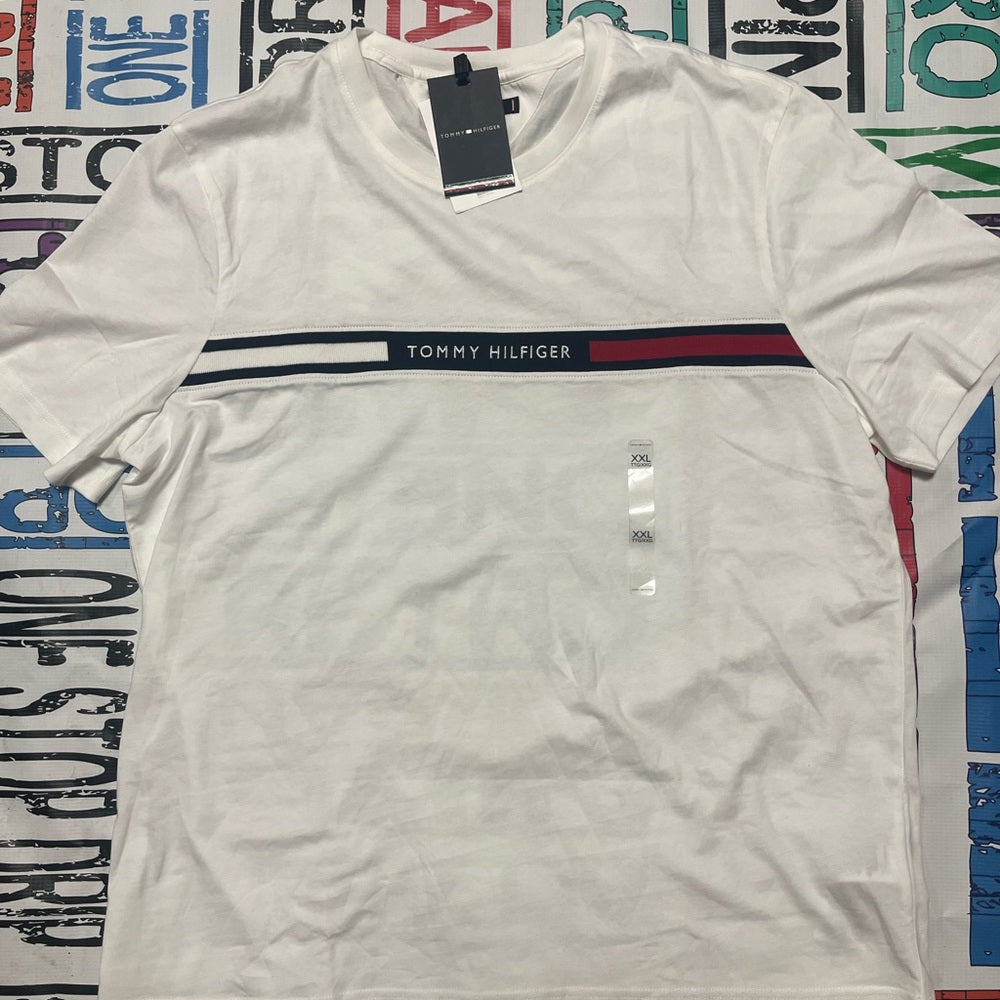 Tommy Hilfiger White Short Sleeve Tee with Navy and Red Stripe Design