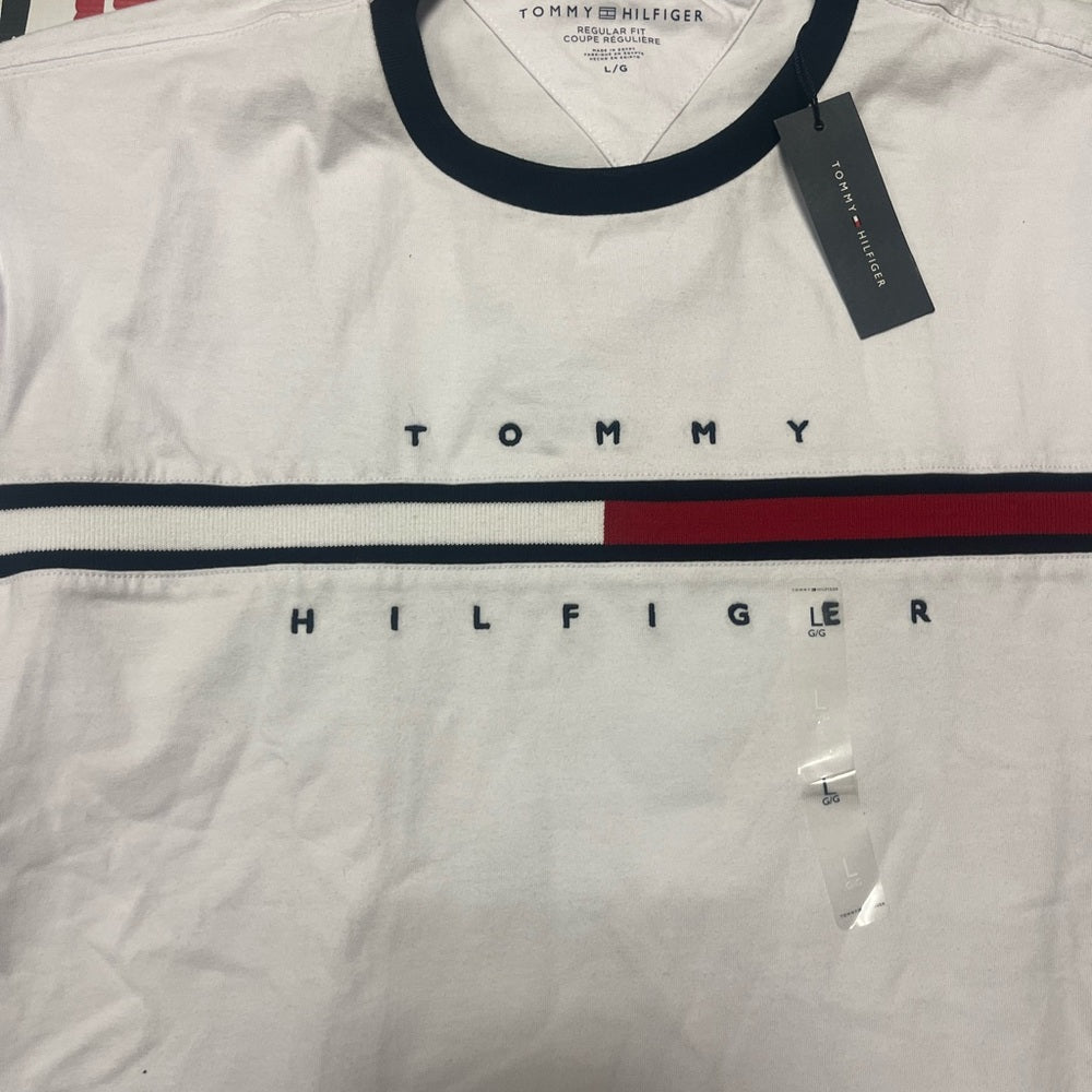 Tommy Hilfiger White Short Sleeve Tee with Navy and Red Stripe Design