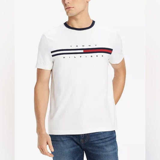 Tommy Hilfiger White Short Sleeve Tee with Navy and Red Stripe Design