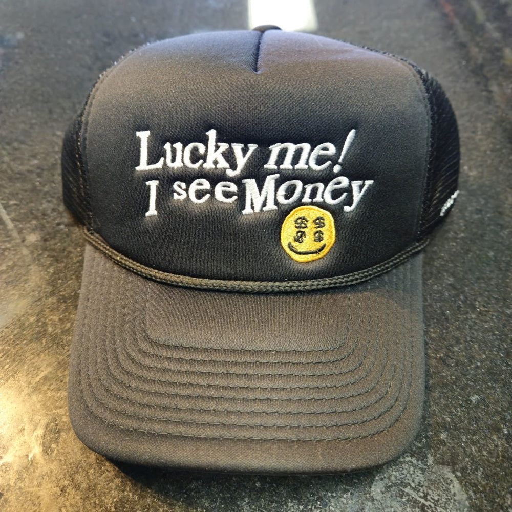 Black Trucker Hat with Embroidered Text lucky me