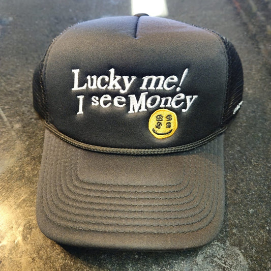 Black Trucker Hat with Embroidered Text lucky me