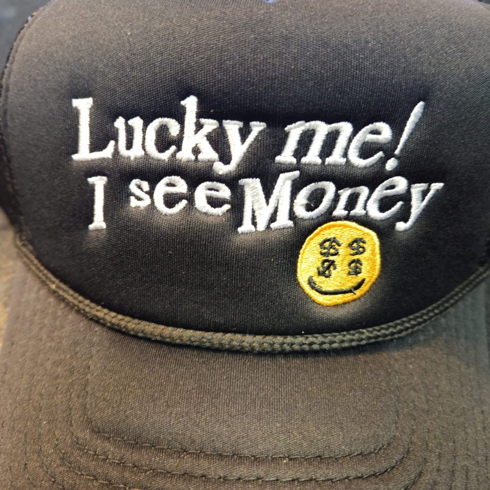 Black Trucker Hat with Embroidered Text lucky me