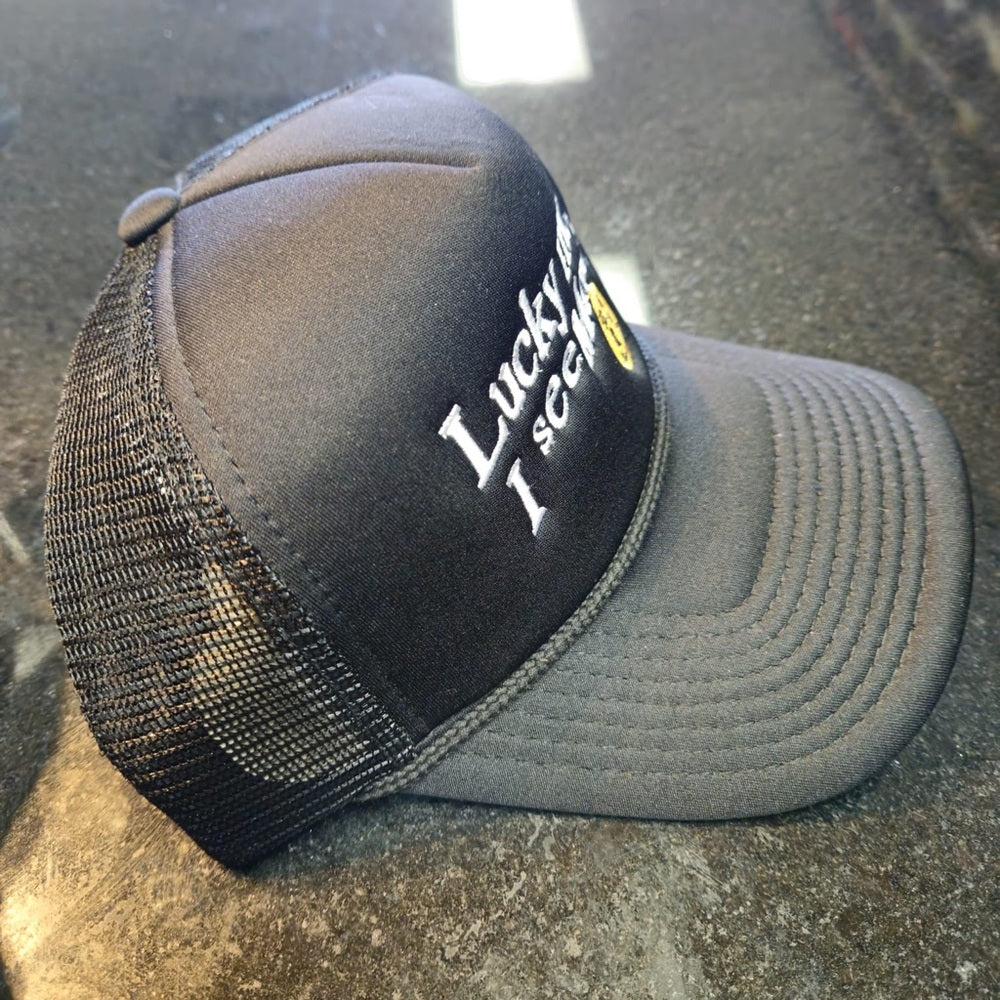 Black Trucker Hat with Embroidered Text lucky me