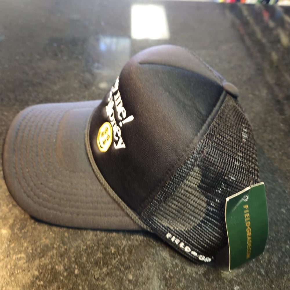 Black Trucker Hat with Embroidered Text lucky me