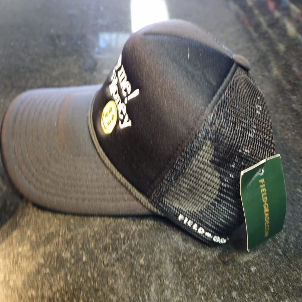 Black Trucker Hat with Embroidered Text lucky me