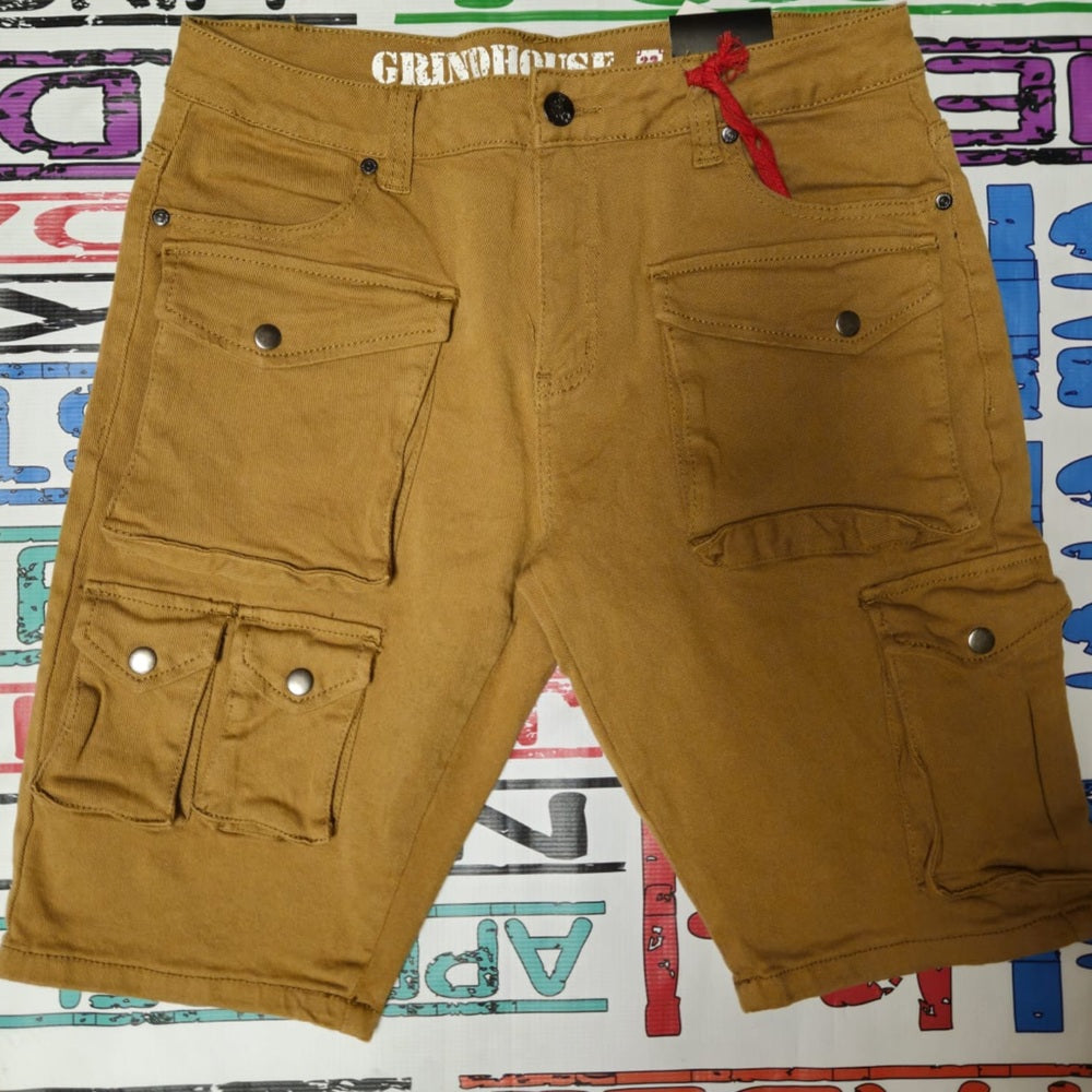 Grindhouse Brown Cargo Shorts with Red Accent
