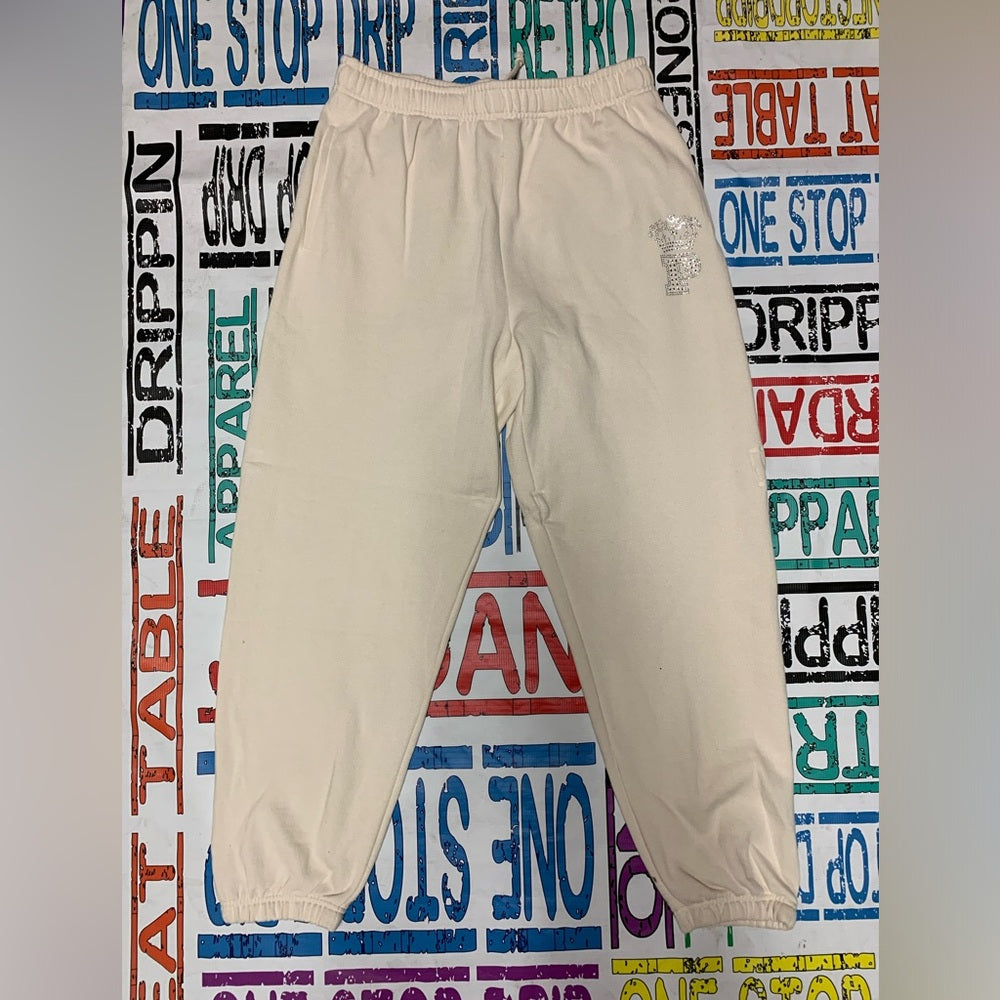 Pink rhyme stone logo  Cream Jogger Pants Sz various