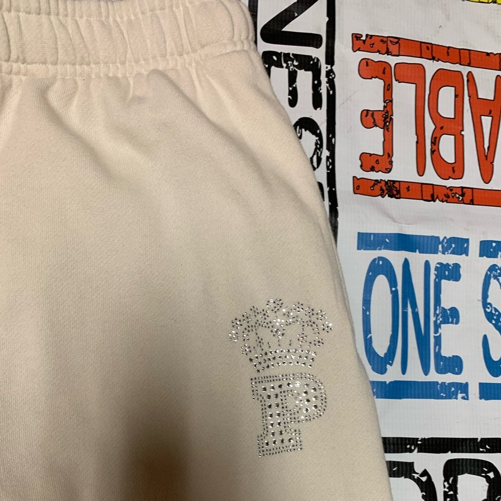 Pink rhyme stone logo  Cream Jogger Pants Sz various